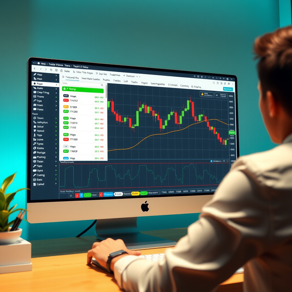Beginner trader setting up their first TradingView chart on a computer screen, showing chart types selection panel, timeframe options, and basic navigation tools with clean interface