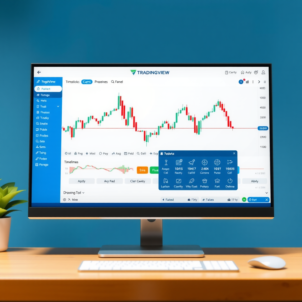TradingView platform interface showing a clean chart setup with candlesticks, timeframe selector, and drawing tools panel. The screen displays a professional trading workspace with blue and white color scheme, multiple chart types visible in toolbar, and a beginner-friendly layout highlighting key navigation elements