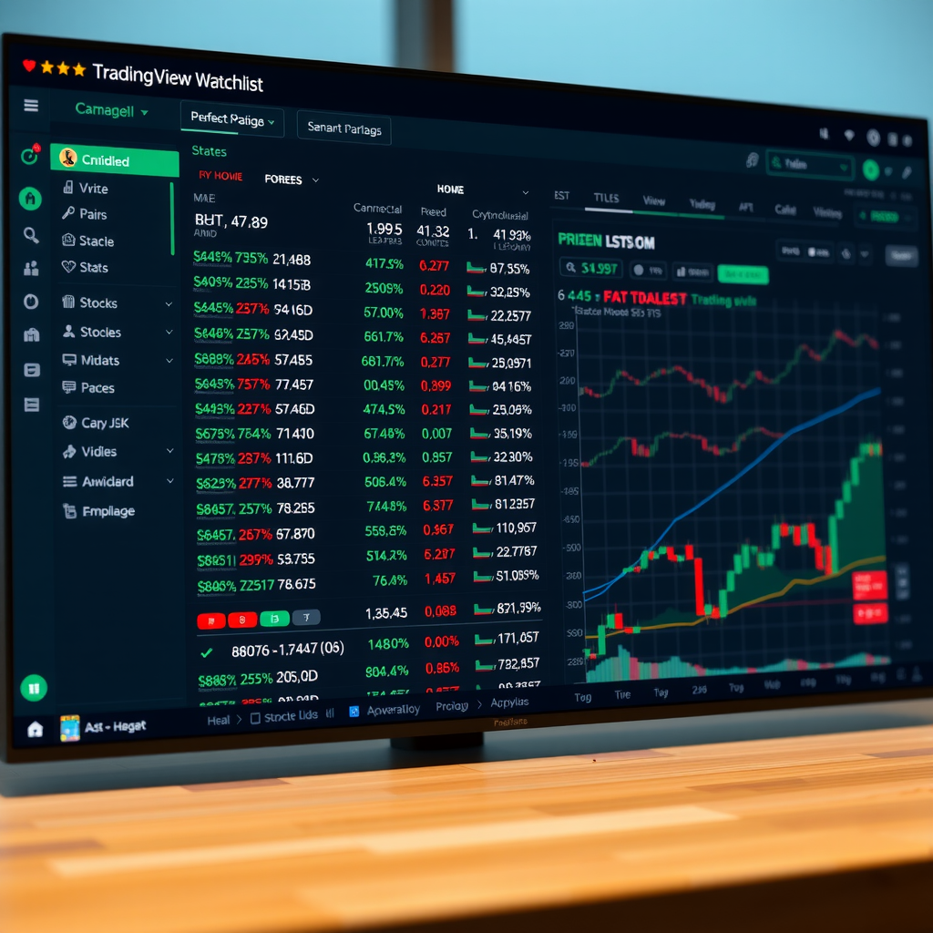 TradingView watchlist dashboard showing multiple organized lists with stocks, cryptocurrencies, and forex pairs displaying real-time price changes, percentage movements, and color-coded indicators for quick market monitoring