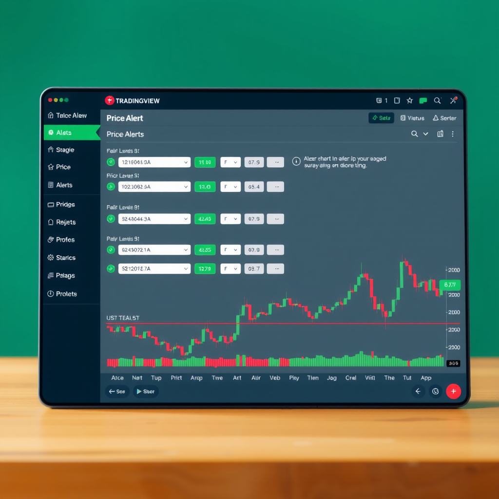 TradingView platform interface showing price alert setup panel with multiple alert configurations, notification settings, and chart with price levels marked for alerts