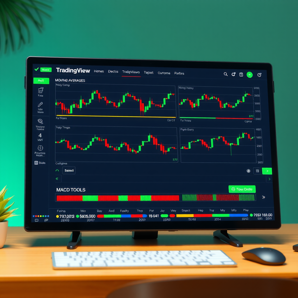 TradingView platform displaying five essential indicators including Moving Averages, RSI, and MACD charts with colorful lines and technical analysis tools for beginner traders