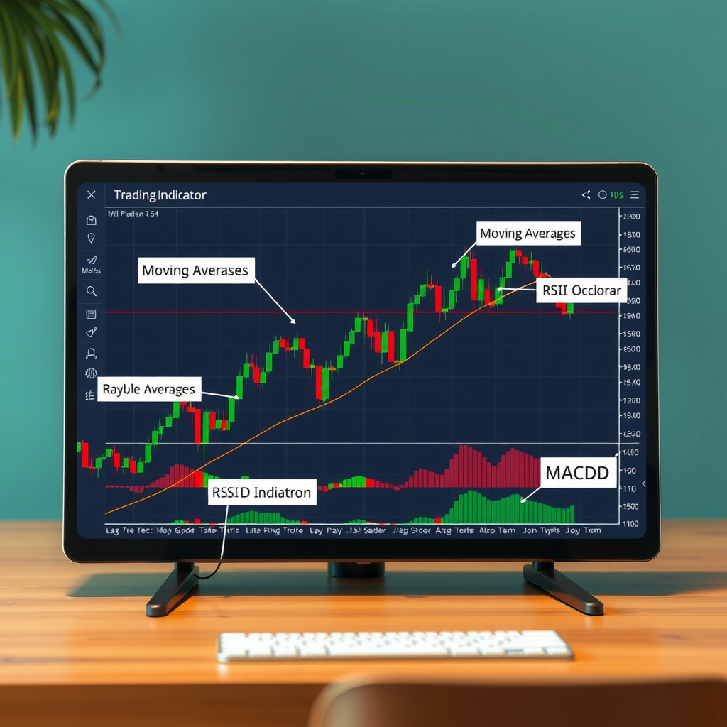 Educational illustration of TradingView platform displaying essential trading indicators including Moving Averages, RSI oscillator, and MACD histogram overlaid on a stock price chart with clear labels