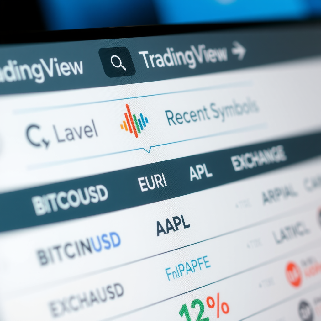 Close-up view of TradingView's symbol search bar at the top of the screen, showing the search field with a magnifying glass icon, recent symbols dropdown, and popular trading pairs like BTCUSD, EURUSD, and AAPL displayed below. The interface shows autocomplete suggestions appearing as user types, with market categories and exchange information visible