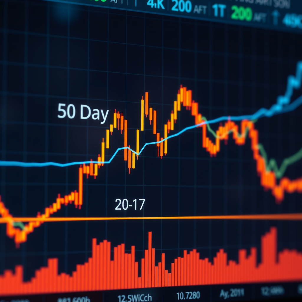 Stock price chart displaying two moving average lines - a blue 50-day moving average and an orange 200-day moving average - overlaid on candlestick price data, showing clear crossover points and trend direction