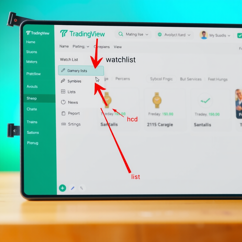 Detailed step-by-step visual guide showing the TradingView interface with arrows pointing to the watchlist creation button, dropdown menu for naming lists, and the process of adding symbols to a new watchlist