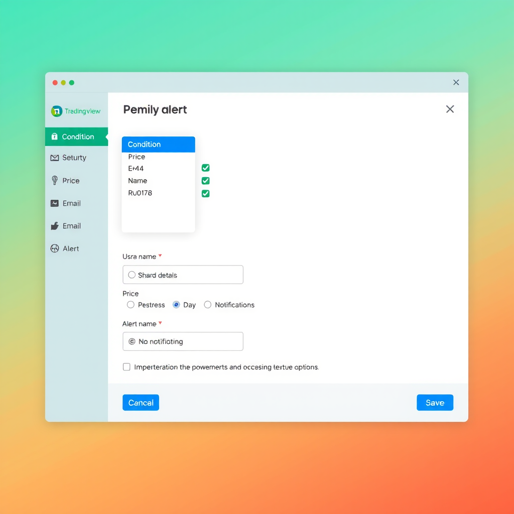 TradingView alert creation dialog box showing condition dropdown menu, price input field, notification options including email and push notifications, and alert name field with save button