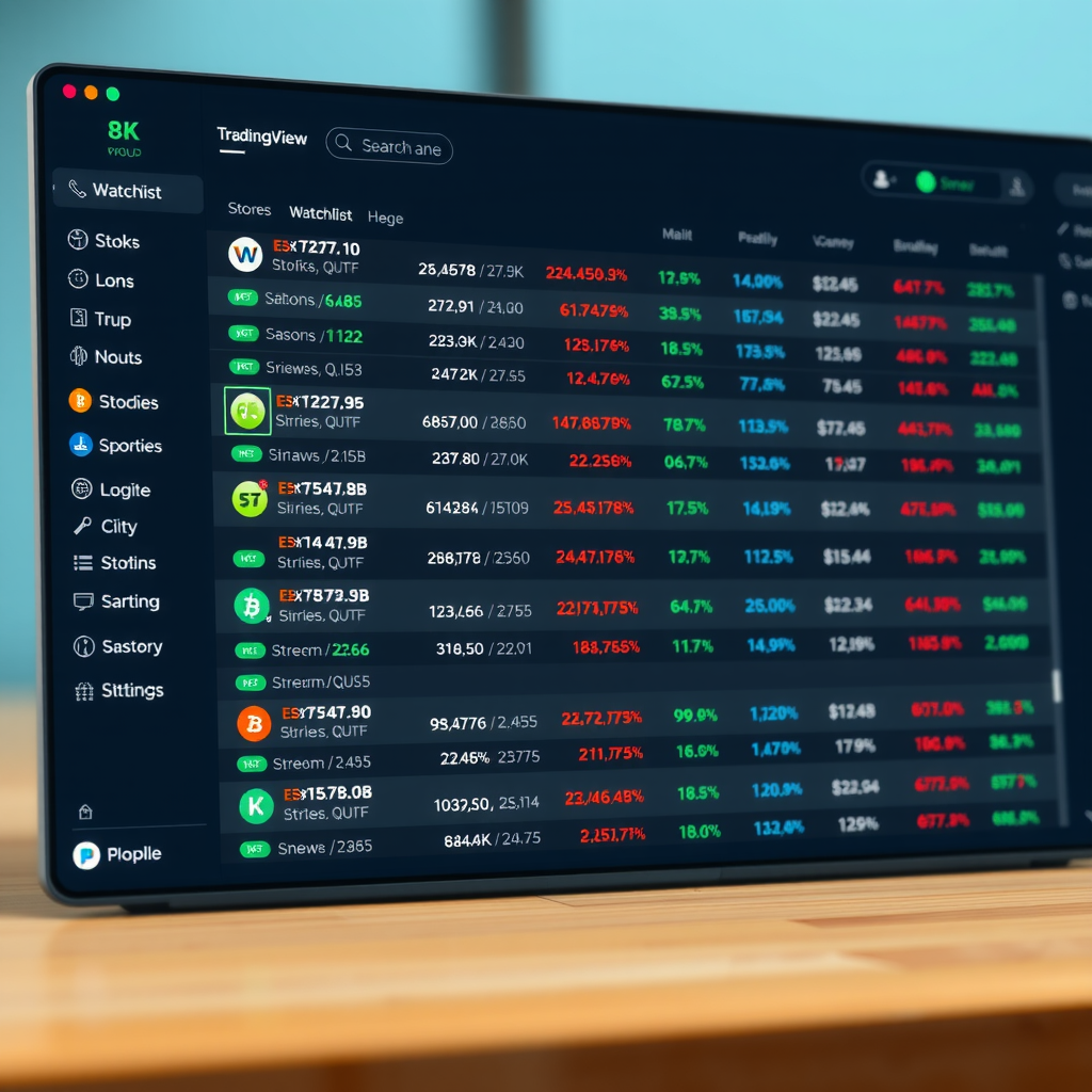 TradingView watchlist interface showing organized lists of stocks, cryptocurrencies, and forex pairs with symbols, prices, and percentage changes in a clean dashboard layout