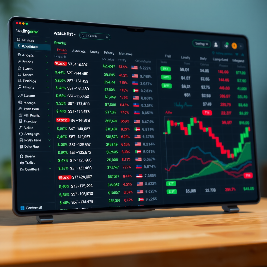 Screenshot of TradingView watchlist panel showing organized lists of stocks, cryptocurrencies, and forex pairs with real-time price updates and color-coded market movements