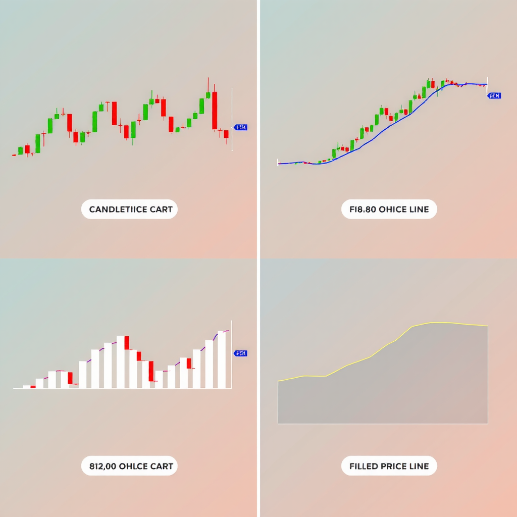 Side-by-side comparison of four different TradingView chart types: candlestick chart showing green and red candles with wicks, line chart displaying a smooth blue price line, bar chart with vertical OHLC bars, and area chart with filled gradient below the price line. Each chart type shows the same price data for easy comparison, with labels identifying each style