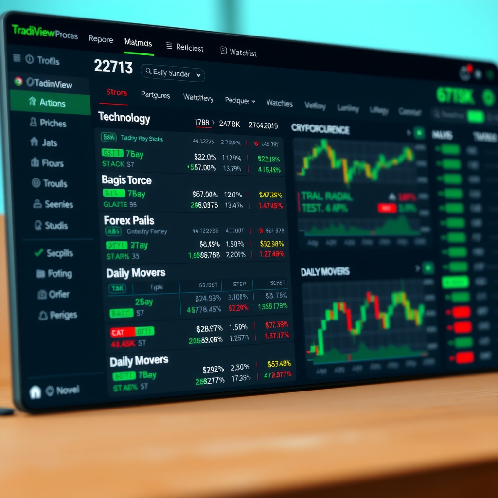 TradingView interface displaying multiple watchlist tabs organized by categories including technology stocks, cryptocurrency portfolio, forex pairs, and daily movers, each showing real-time prices with green and red color coding for gains and losses