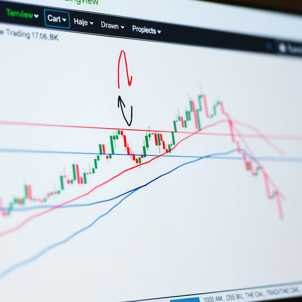Technical analysis chart on TradingView showing hand-drawn trendlines, horizontal support and resistance levels, and various drawing tools toolbar visible at the top of the interface
