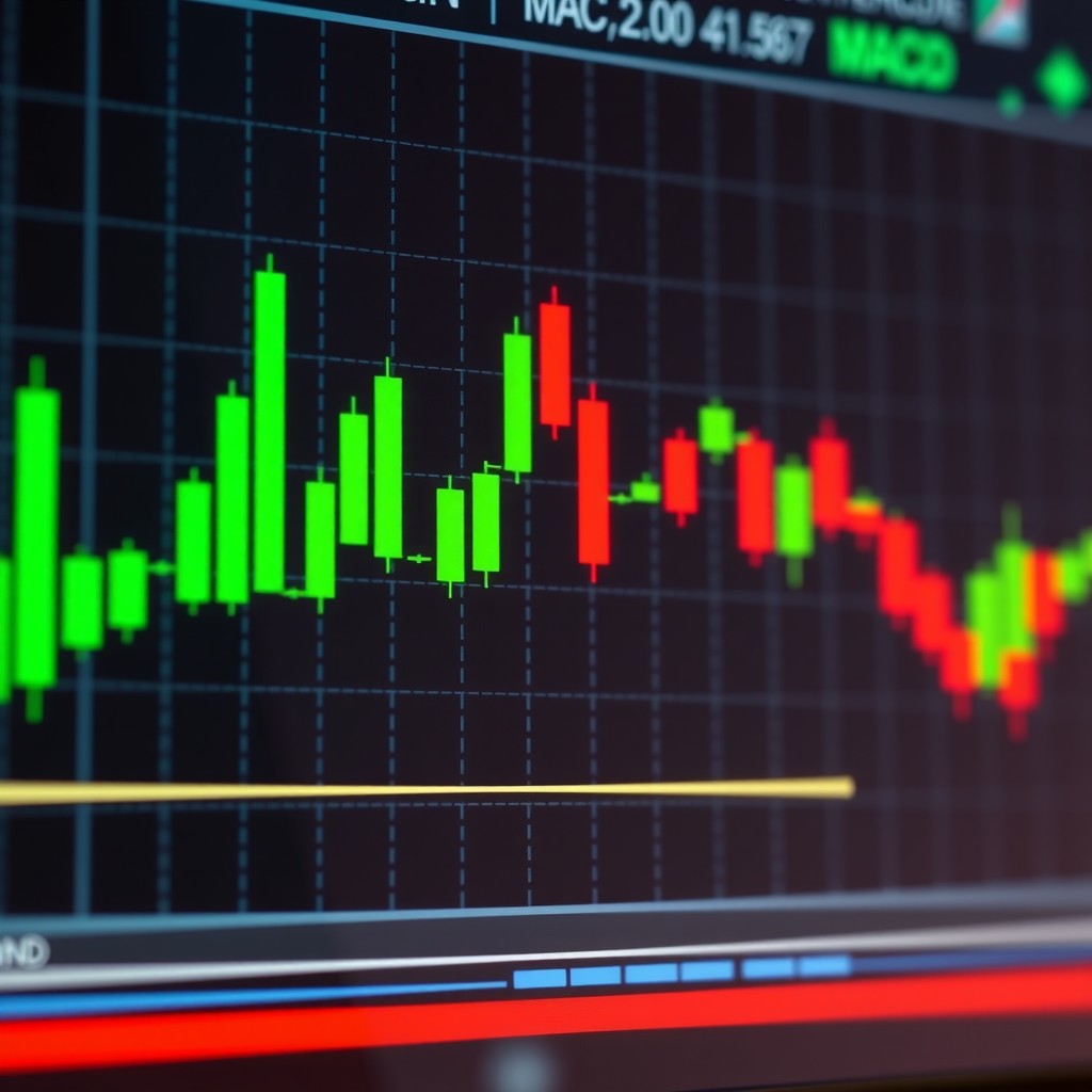 Chart showing MACD indicator panel with histogram bars in green and red, two lines (MACD line and signal line) crossing each other, and a zero line in the middle, demonstrating bullish and bearish crossover points