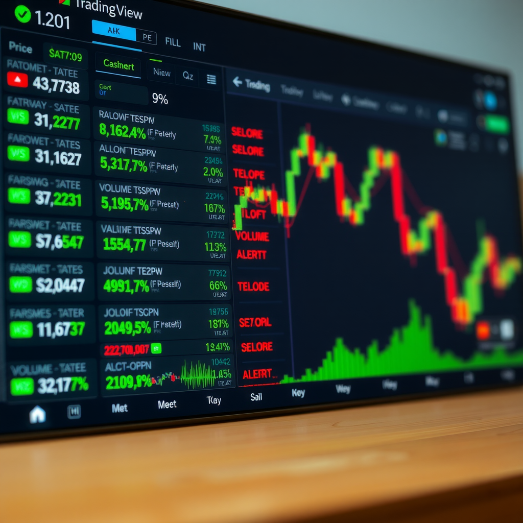 Active TradingView watchlist showing real-time price updates with flashing green and red highlights as prices change, volume bars, percentage movements, and alert icons next to symbols that have triggered price notifications