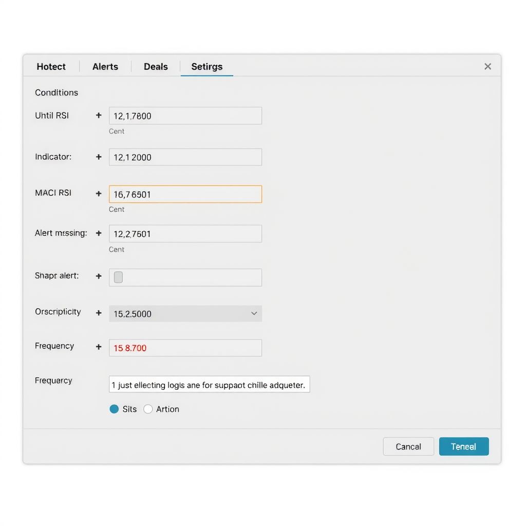 Complex alert configuration screen showing multiple condition fields, indicator-based triggers including RSI and MACD crossovers, custom alert message with variables, and frequency settings