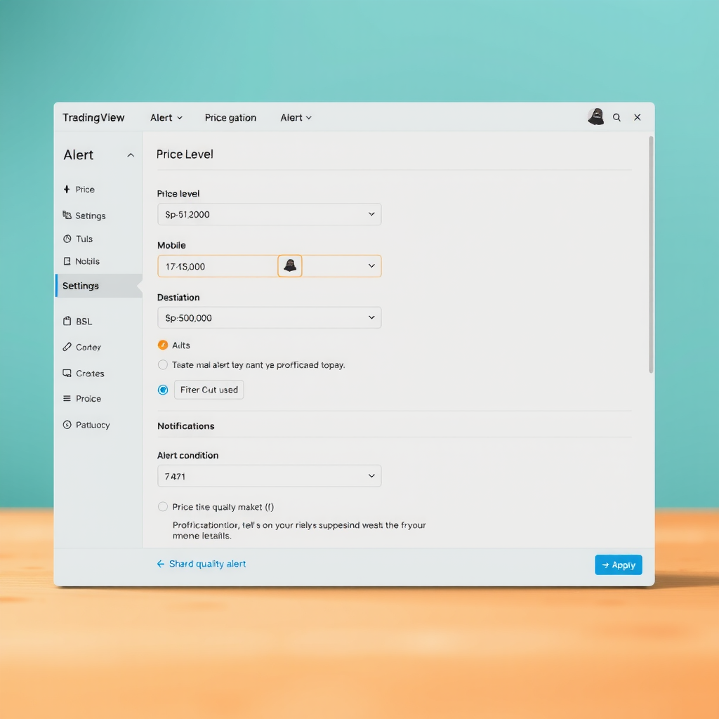 TradingView alert creation interface showing price level settings, notification options for mobile and desktop, and alert condition configuration panel with bell icon prominently displayed