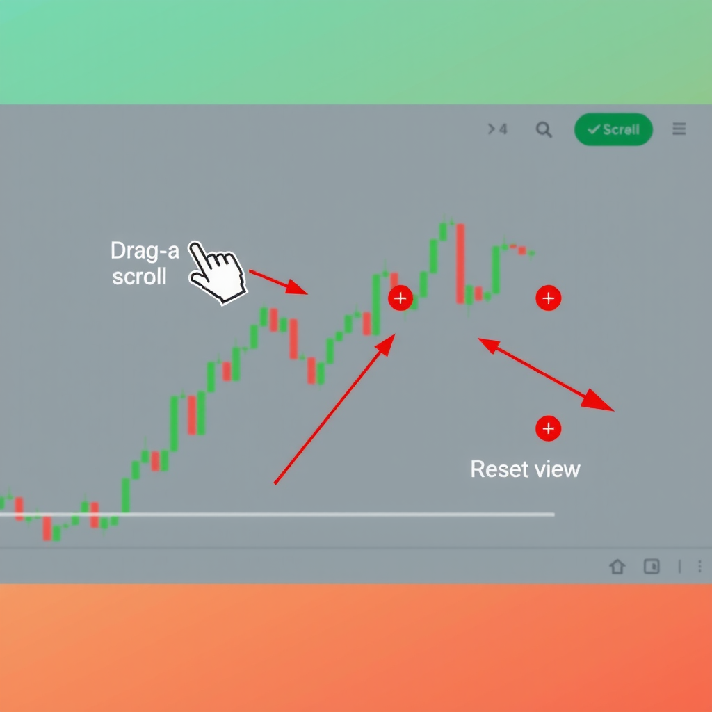 Annotated TradingView chart showing navigation controls with arrows and labels. The image highlights the drag-to-scroll functionality with a hand cursor icon, zoom controls with plus and minus symbols, price scale adjustment area on the right side, and the reset view button in the toolbar. Visual indicators show how to interact with each control element