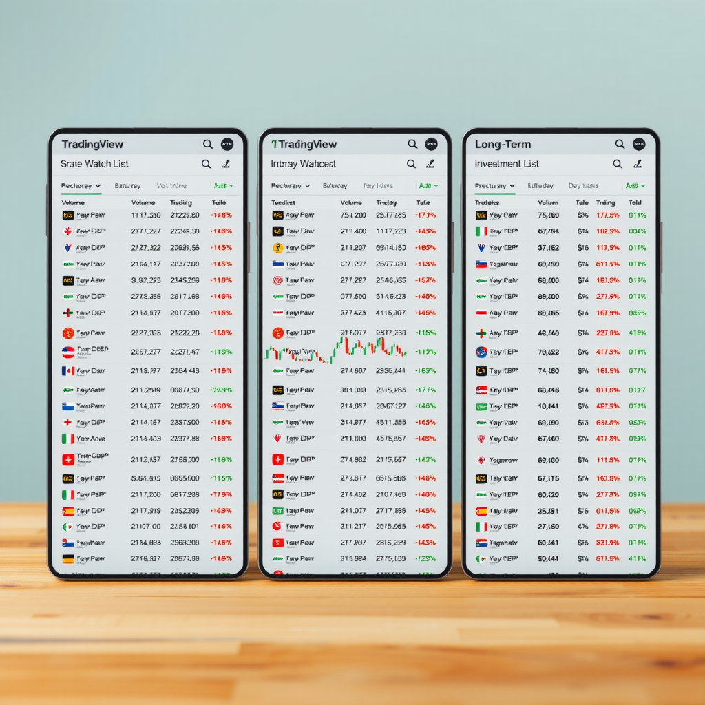 Side-by-side comparison of three TradingView watchlist configurations: day trading list with volume and intraday indicators, swing trading list with technical patterns and moving averages, and long-term investment list with fundamental metrics like P/E ratios and dividend yields