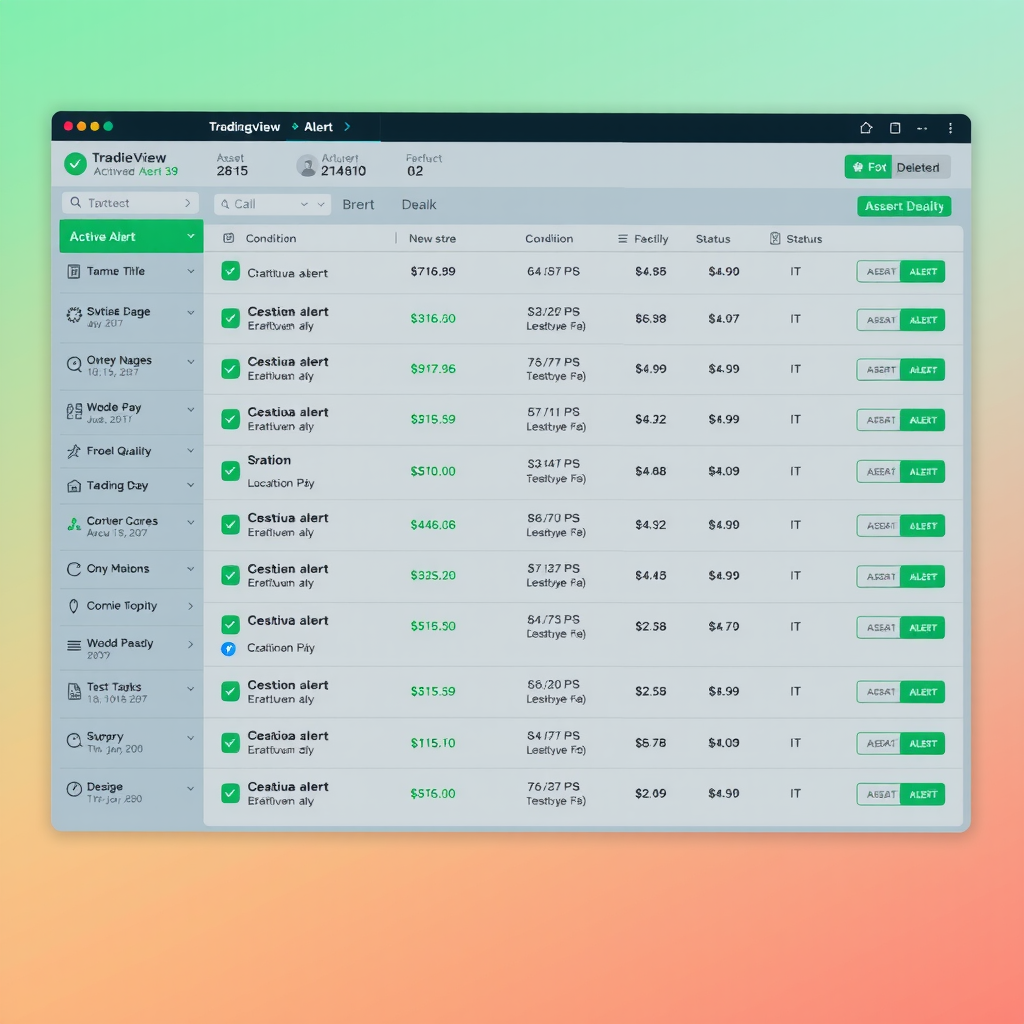 TradingView alert management interface showing list of active alerts organized by asset, with columns for alert name, condition, status, and action buttons for editing or deleting alerts
