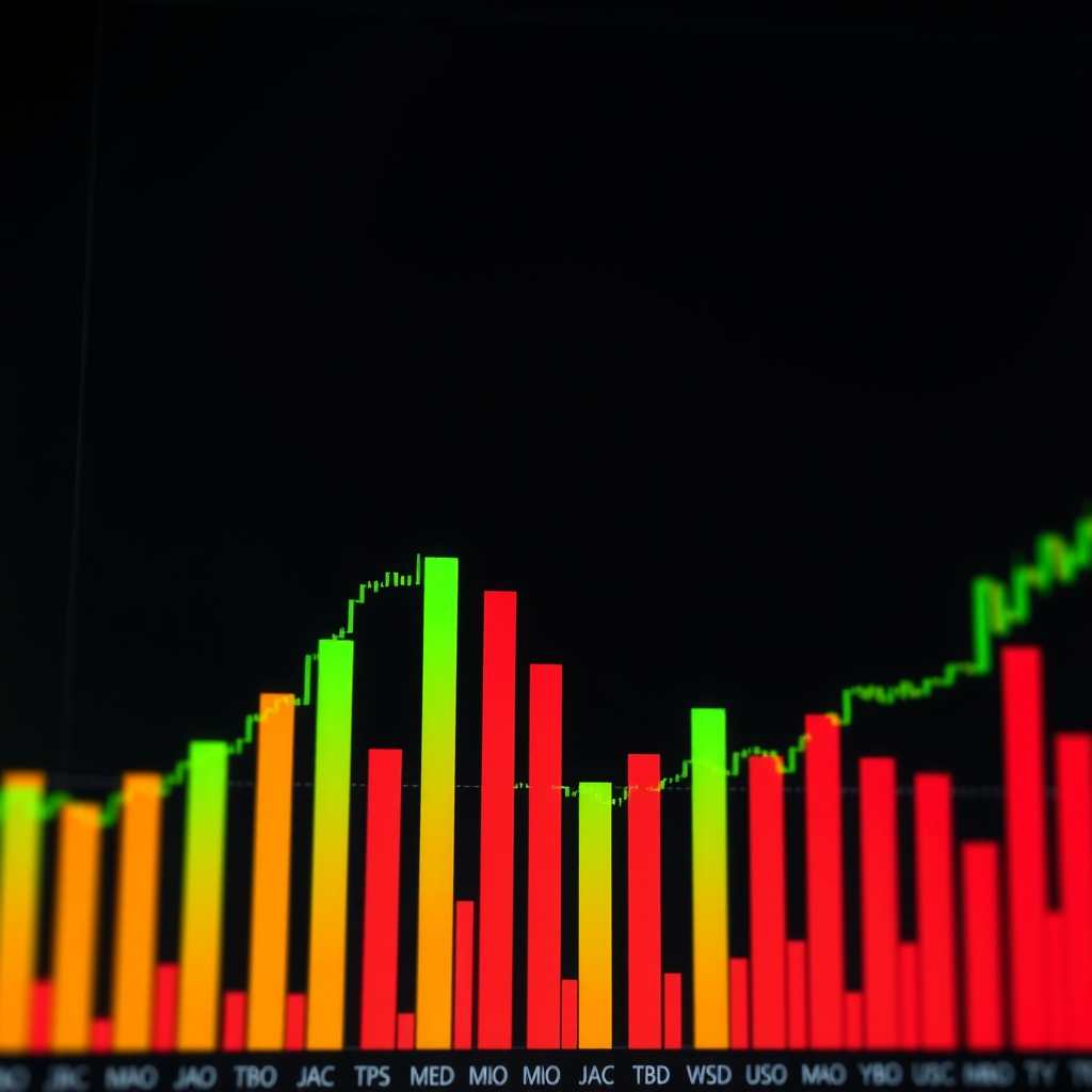 Trading chart showing volume bars at the bottom in green and red colors, with varying heights representing different trading volumes, aligned with corresponding price candles above to show the relationship between volume and price movement