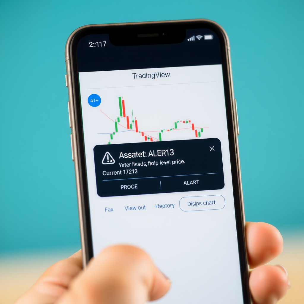 Smartphone screen showing TradingView push notification with alert details including asset name, price level crossed, current price, and quick action buttons to view chart or dismiss alert