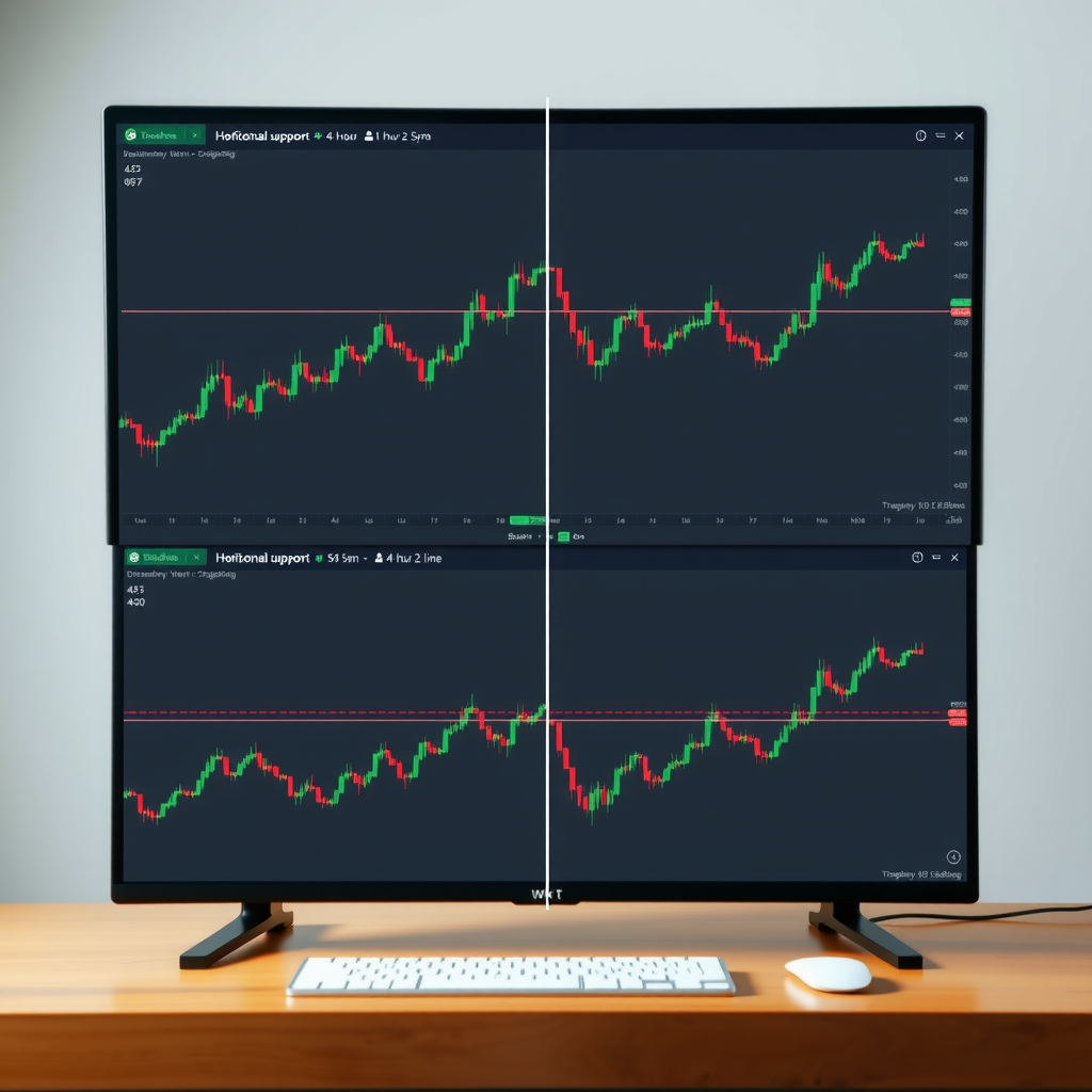 Split screen view of TradingView showing the same horizontal support line appearing on both a daily chart and a 4-hour chart, demonstrating drawing sync feature across different timeframes